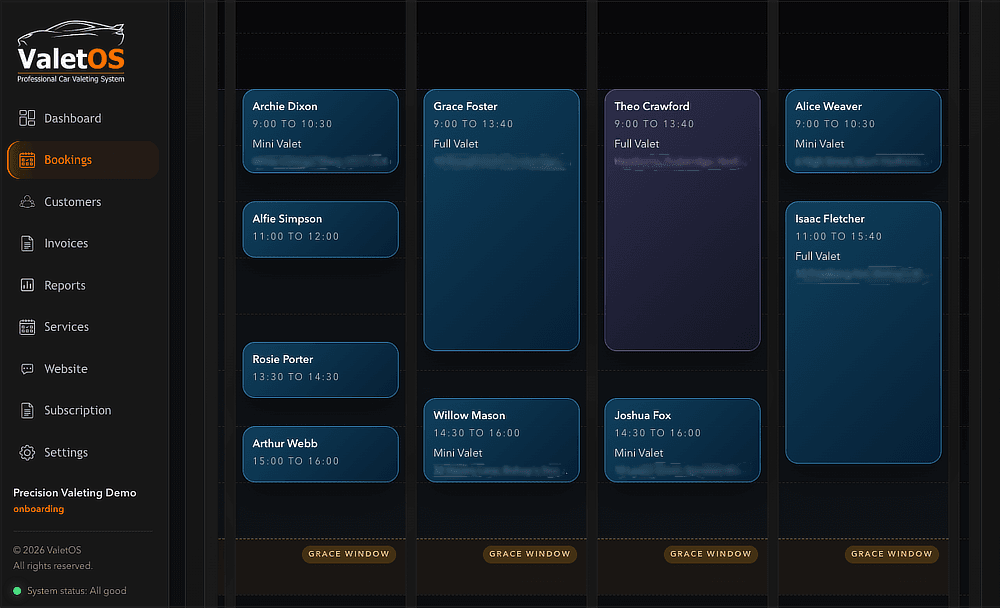 ValetOS booking calendar showing scheduled mobile valeting jobs across the week