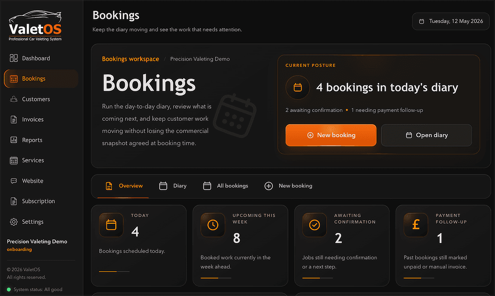 ValetOS bookings screen showing valeting appointments and booking status