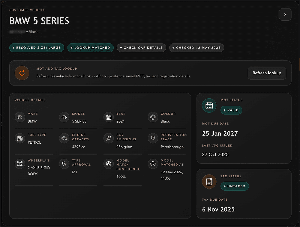 ValetOS vehicle lookup information screen showing structured vehicle data