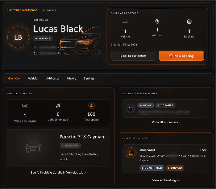 ValetOS customer detail preview