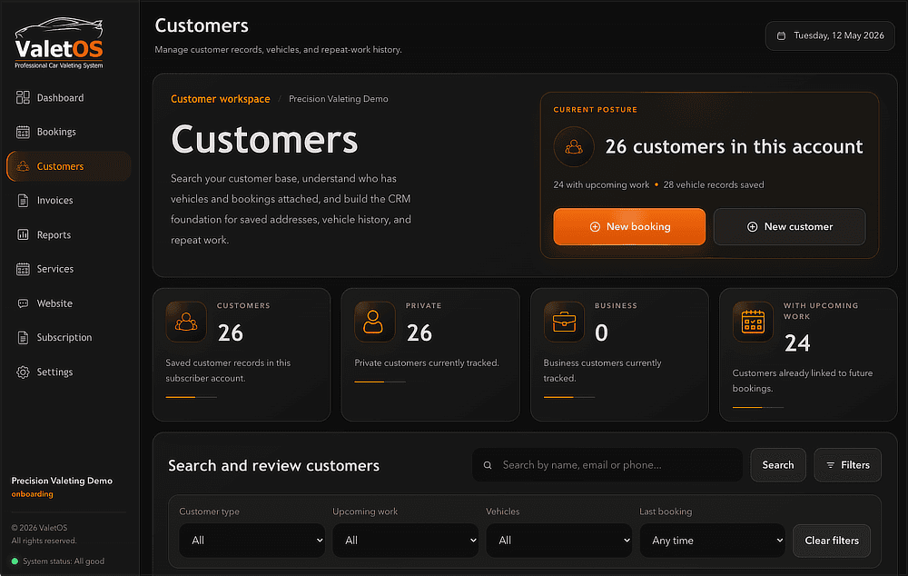 ValetOS customers screen showing customer records and recent booking context