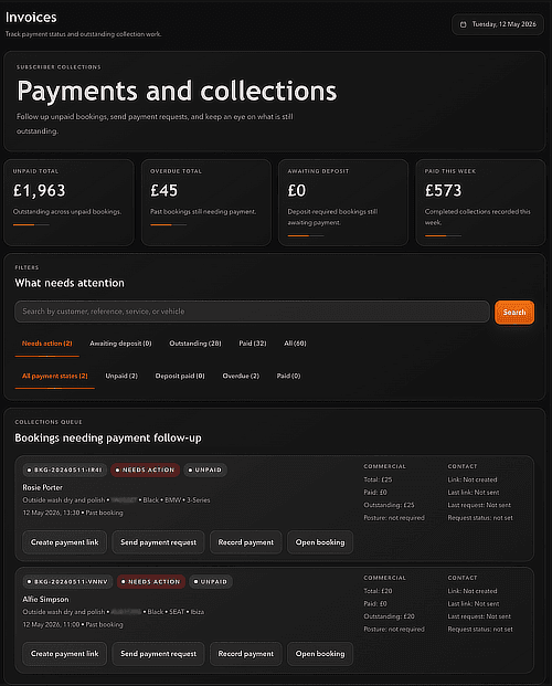 ValetOS payments and collections preview