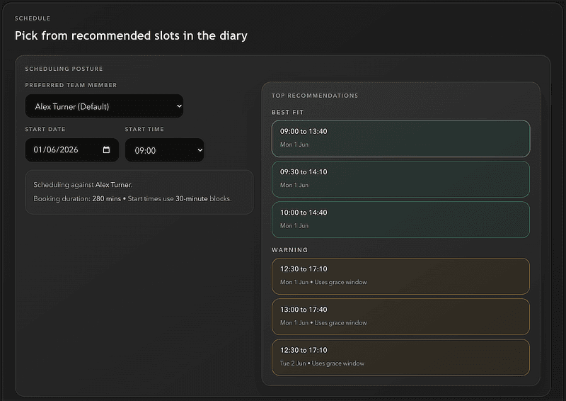 ValetOS recommended booking slot screen showing best-fit times and warning slots