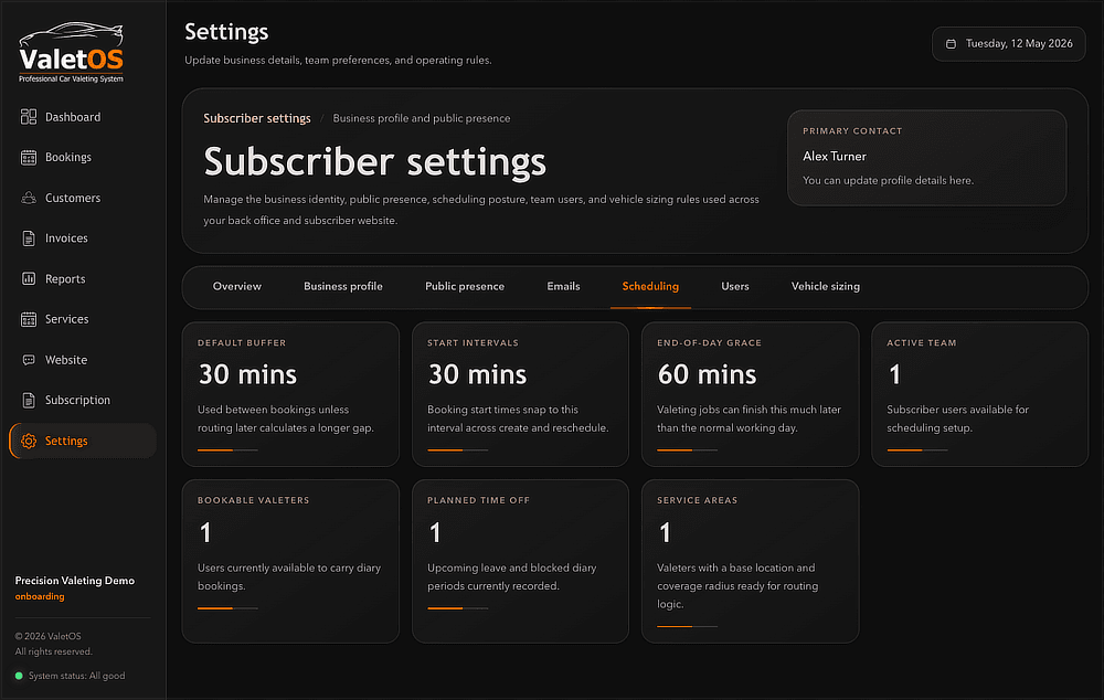 ValetOS settings screen showing scheduling defaults for buffer time, start intervals, end-of-day grace, and active team capacity