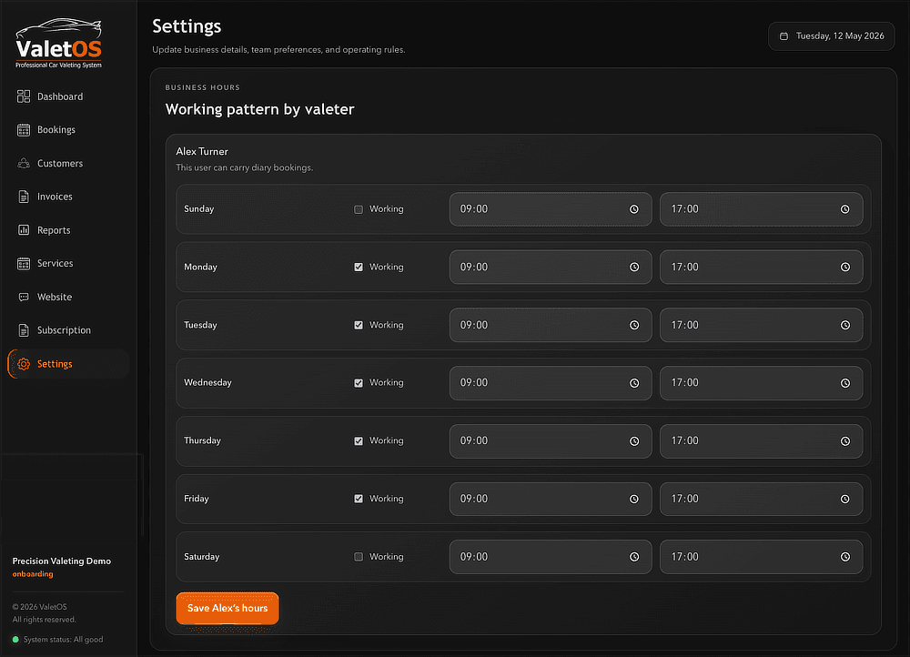 ValetOS settings screen showing working patterns by valeter with daily start and finish times