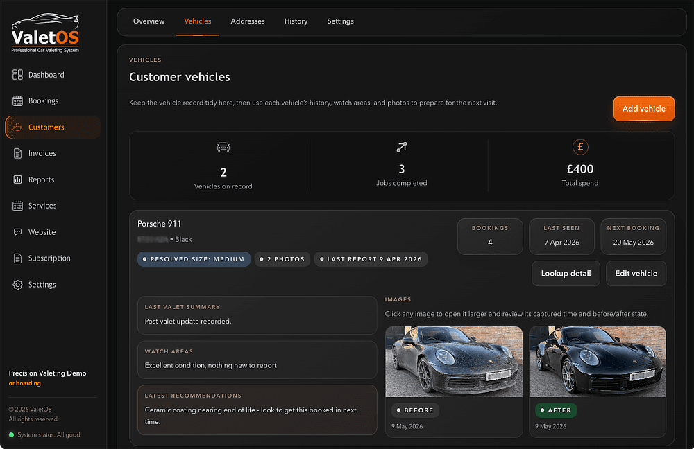 ValetOS vehicle detail screen showing service history and recommendations